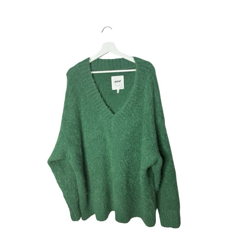 Aerie Teddy Oversized Cozy V Neck Sweater Green Size XXL Soft‎ Fuzzy